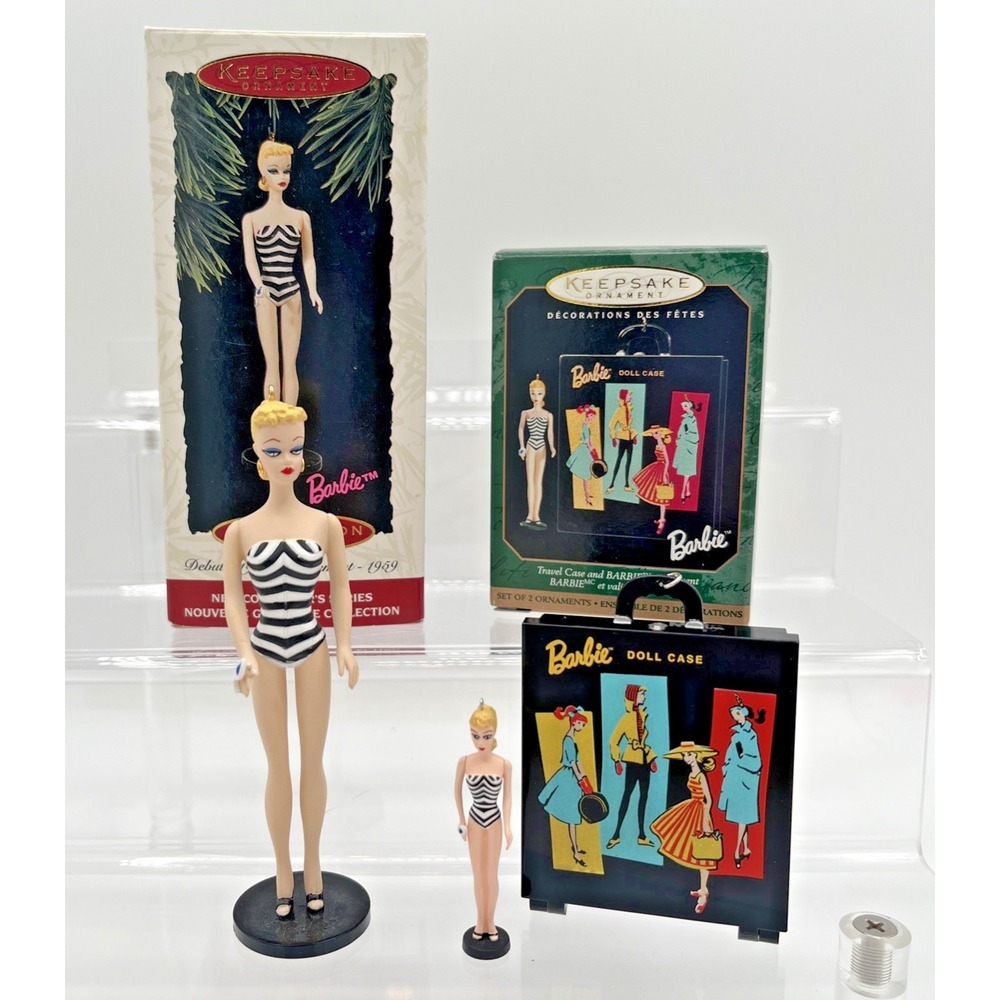 Vintage Hallmark Barbie Ornaments Lot of 2 1994 1999 Travel Case Debut 1959